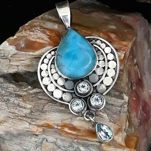 Sterling Silver Natural Larimar and Blue Quartz